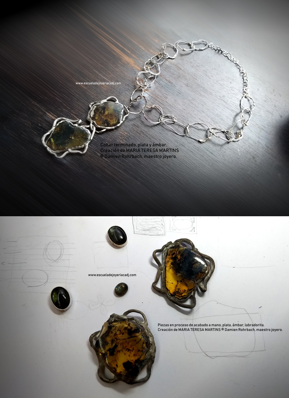 Collar de plata con ámbar, modelado en cera, realizado a mano, Escuela de joyería CADJ ®